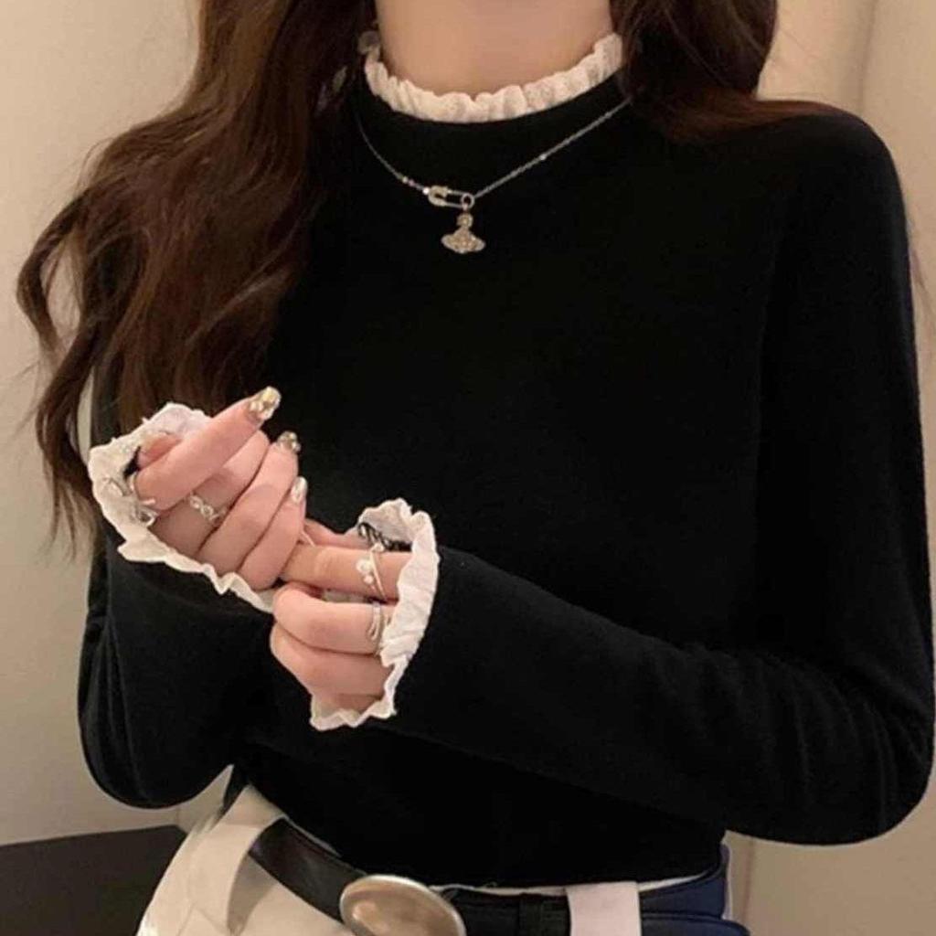 Women's Stylish Thermal Fleece Long Sleeve Lace T-Shirt, Slimming Warm Base Layer, Half-High Neck, Perfect for Autumn/Winter.