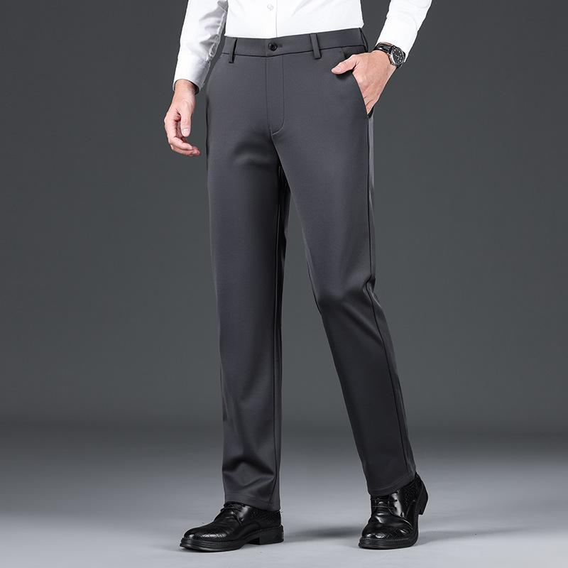 Men's Gray Anti-Wrinkle Elastic Wool Trousers - Thickened Straight Fit for Business, Autumn, and Winter Wear.