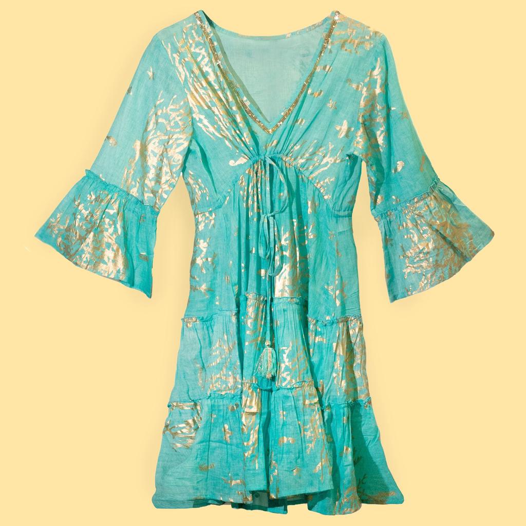Coral Print Dress Turquoise Gold Nomad