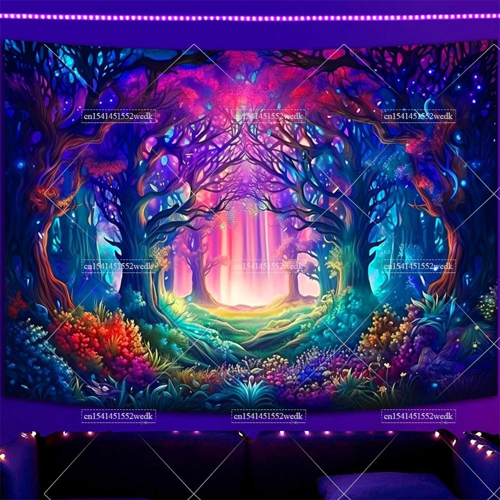 Fantasy Forest Blacklight Tapestry UV Reactive Neon Tree Black Light Tapestrys Glow In The Dark Wall Decor Party Backdrops