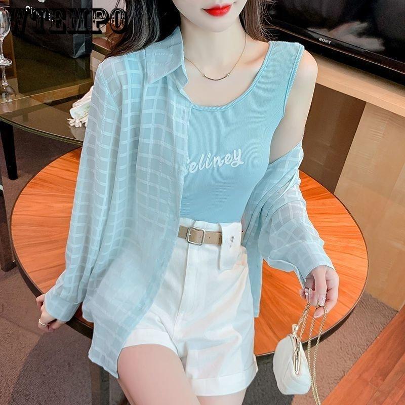 WTEMPO Summer Women's Sunscreen Clothing Open Light Plaid Jacket Chiffon Temperament Breathable Loose Long-sleeved