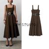 Summer Women Clothes Simple Style Square Collar Wide Shoulder Strap A- Line Hem With Belt Midi Dress 5029167
