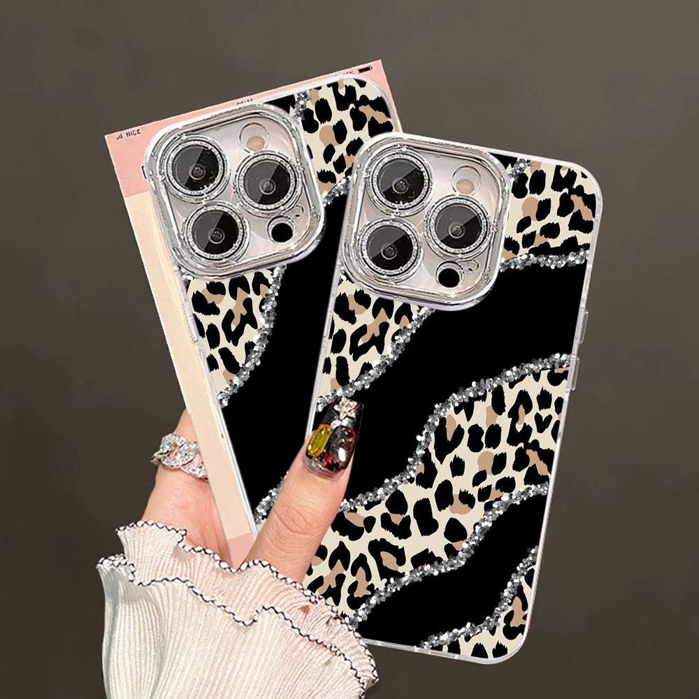 Glitter Leopard Print Printed Glacier Texture Case For iPhone 17 Air 16 15 14 13 12 11 Pro Max 8 Plus Glass Lens Protector Cover