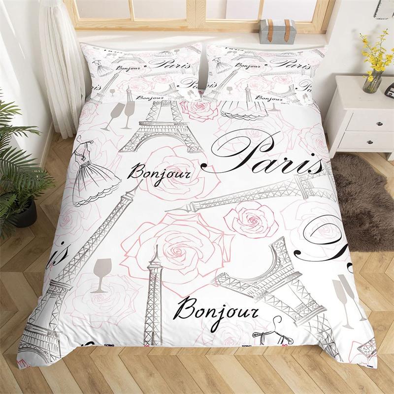 Eiffel Tower Duvet Cover Chic Paris Bedding Set Microfiber Modern French Style Romantic Theme Comforter Cover With Pillowcases