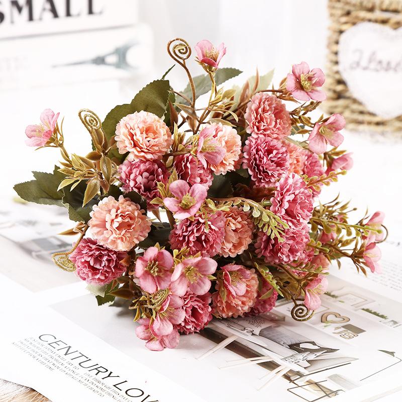 Bouquet di Fiori Artificiali Rosa e Viola, Garofano e Ortensia Finti in Seta per Decorazioni Casa e Matrimonio