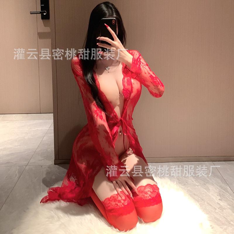 Sexy pajamas hot long-sleeved transparent lace-up dress sexy lace perspective home nightdress temptation