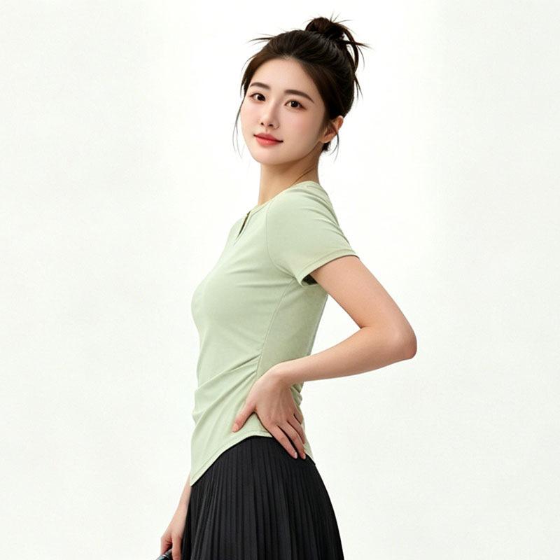 Elastic Quick-drying Yoga Top, Women's V-neck Waist Model, Thin and Meat-covering, Daily Wear Sports T-shirt, Breathable