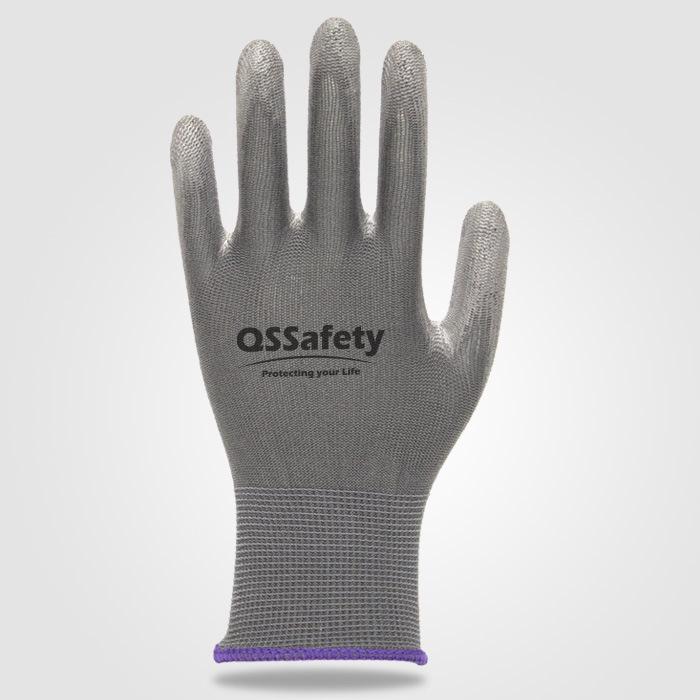 QS/Gray PU2002E Industrial Gloves – Lightweight, Flexible, and Breathable Protective Work Gloves for Construction.