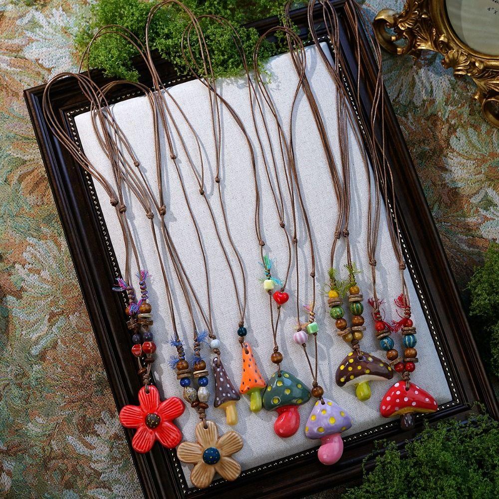 Hand-painted Mushroom Pendant Necklaces Small Flower Sweater Chain Necklaces Gift