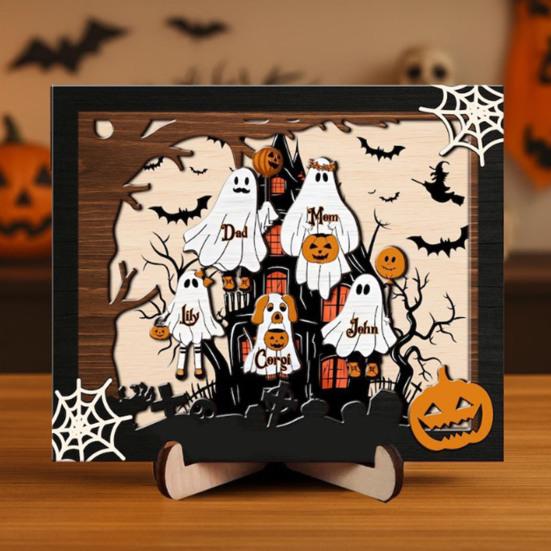 Halloween Geisterfamilie Schild Holz Geister Bilderrahmen Tischdekoration für Halloween Bauernhaus Regal Schreibtisch Heimdeko