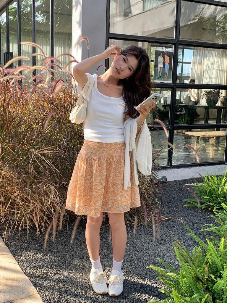 2026 Spring Floral Print Lemon Green Tea High Waist Mesh Skirt - Women's Versatile Slimming Short Skirt