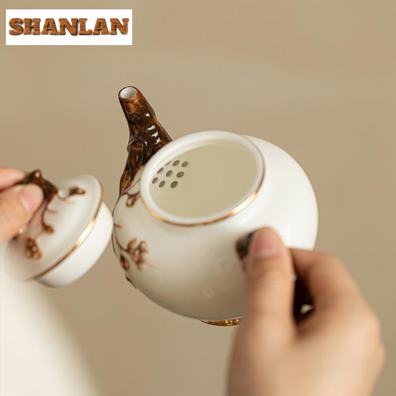 300ml Handmade Relief Plum Blossom Art Teapot Aesthetic Sheep Fat Jade Porcelain Pot Tea Making Kettle Teaware Accessories Gift