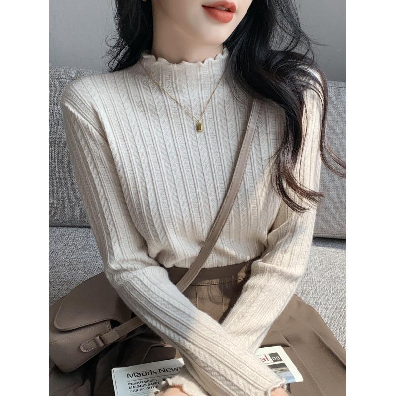 Fresh and fashionable semi-turtleneck fungus edge long-sleeved knitted sweater women's spring age-reducing thin bottoming top