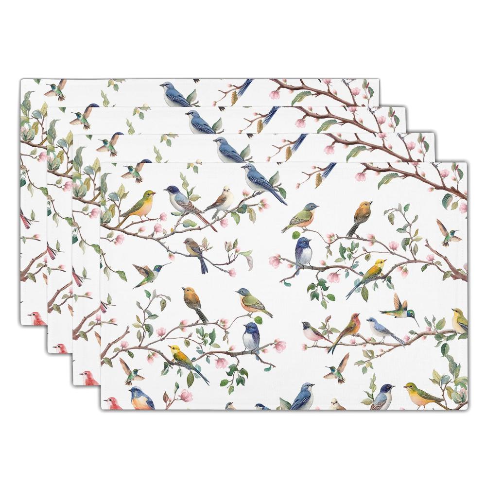 Spring Bird Blossom Linen Placemats Non Slip Heat Resistant Mats Multiple Sizes For Courtyard Floral Tea Party Decor