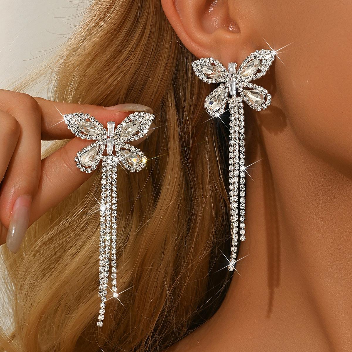 Sparkling Zircon Rhinestone Fringed Butterfly Earrings Premium Long Stud Earrings Women S Earrings