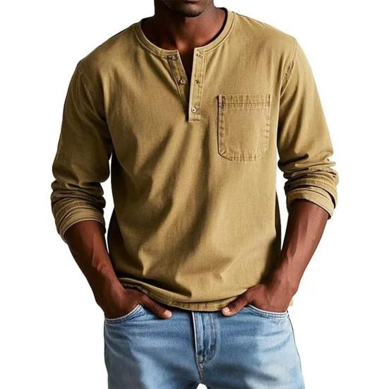 Maglietta da uomo Girocollo Bottoni Colletto Manica Lunga T-shirt con Taschino Frontale Tinta Unita Vestibilità Slim Top Casual