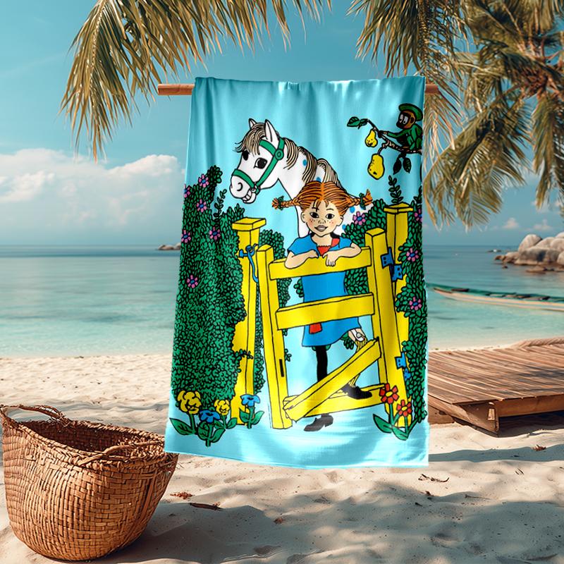Ultrazachte Strandhanddoek met Pippi Langkous Thema, Ideaal voor Zwembad - Kamperen, Duiken - Perfecte Reis Essentieel, Levendige Strandhanddoek.