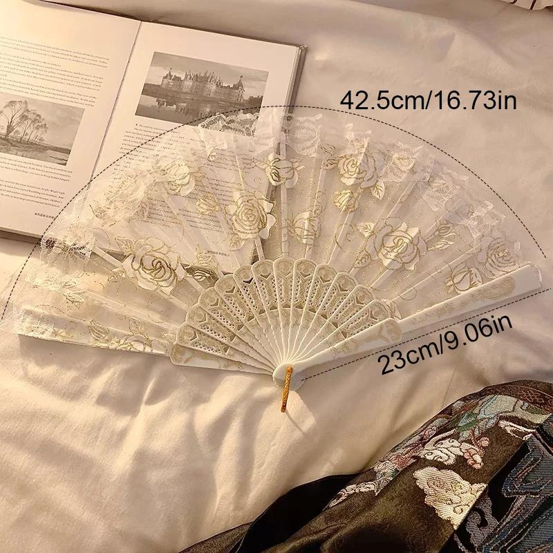 

Chinese Style Folding Fan Lace Dance Fan Photo Props Embroidered Decorative Hand Fan Ornament Wedding Party Favor Gift