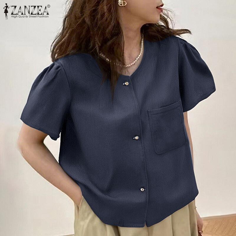 ZANZEA Women Casual Round Neck Button Short Sleeve Blouse