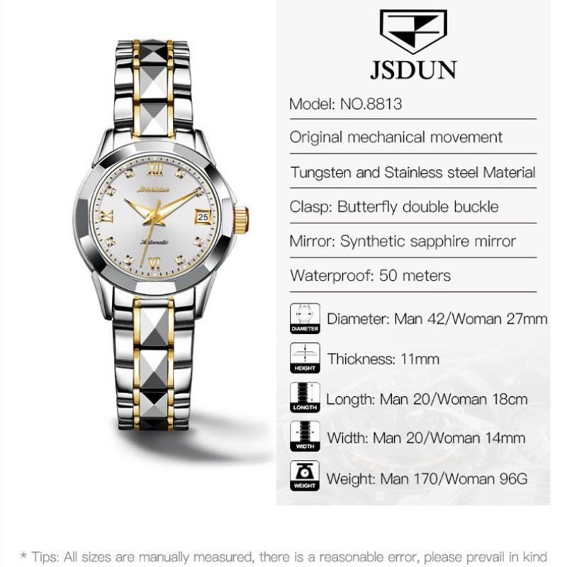 JINSHIDUN New Business and Leisure Ladies Watch Single Calendar Tungsten Steel Mechanical Watch Luminous Waterproof High-end Watch