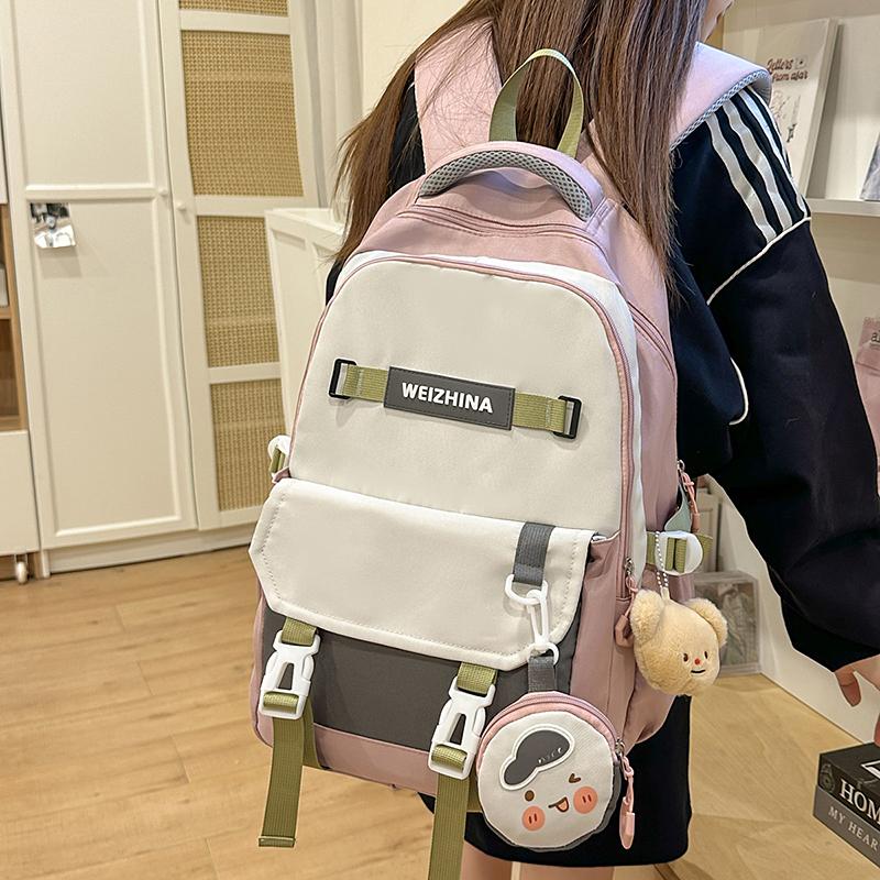 Contrast Color Middle School Student Schoolbag Large Capacity College Style Backpack with Coin Purse