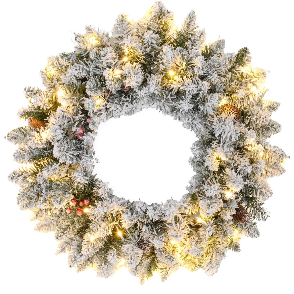 60" Snowy Pine Cone and Berry Christmas Wreath, with LED Lights