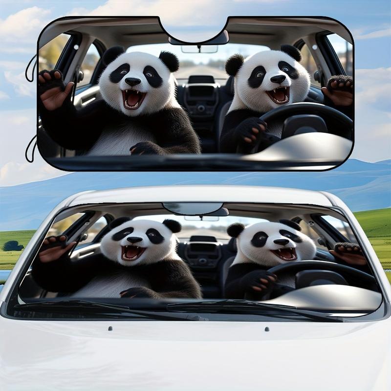 Foldable Polyester Sunshade, Cute Panda Driving Pattern, Lightweight And Practical, Ideal for Daily Parking, Office Breaks