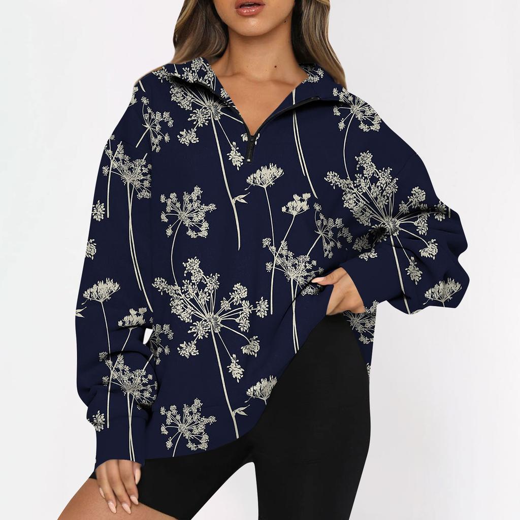 Top pentru damă, ocazional, cu mânecă lungă, cu imprimeu de flori, cu fermoar supradimensionat