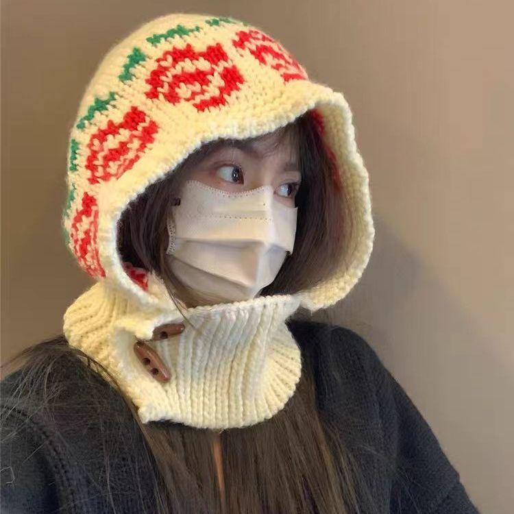 

Вязаная балаклава с цветами в корейском стиле для женщин, зимняя теплая шерстяная шапка, грелка для шеи, защита ушей, интегрированная шапка-бини бежевый