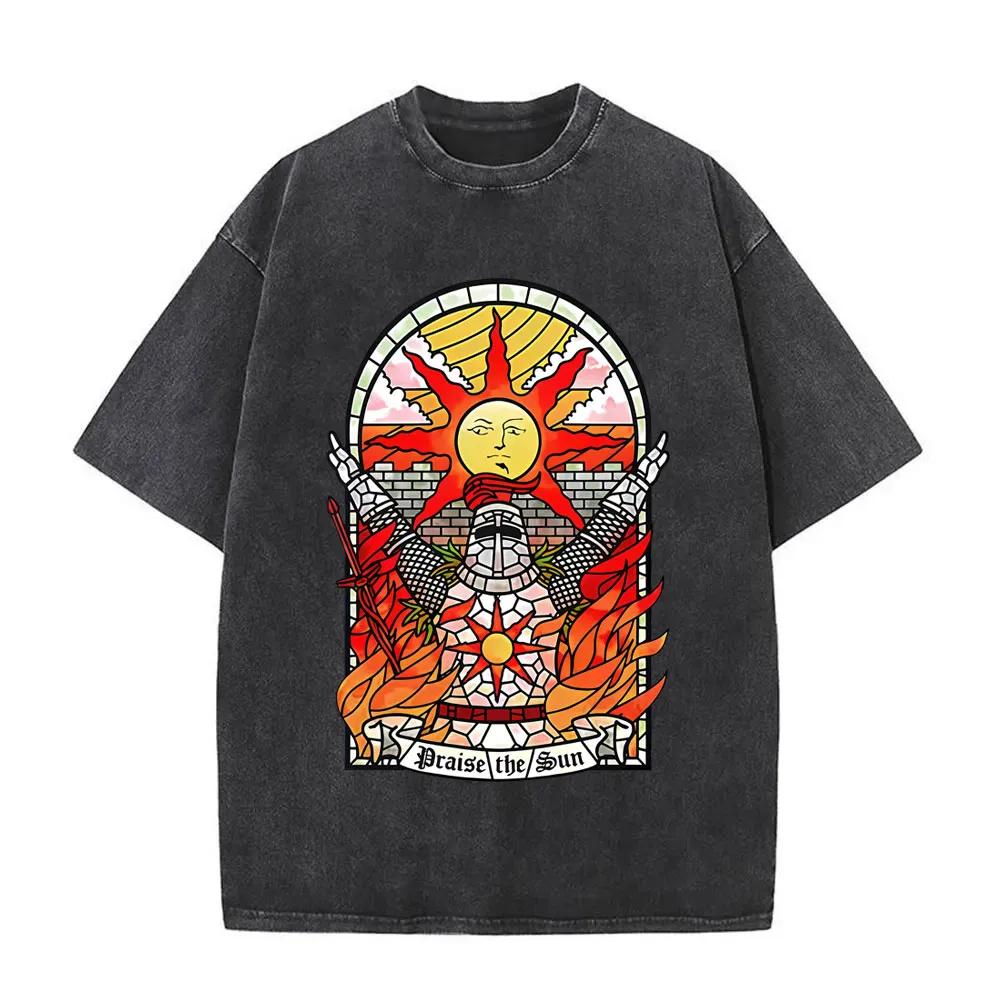 Game Dark Souls Church of The Sun Washed Vintage T-shirt Praise The Sun T Shirts Men Women Retro Gothic Rock T-shirts Streetwear S разноцветный