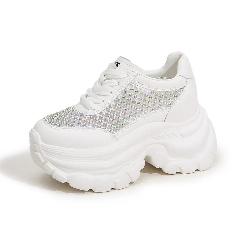 Fashion High Quality 9CM Air Mesh Microfiber Leather Summer Bling Bling Fashion Ankle Boots Hollow Chunky Sneaker Vulcanize Women Shoes