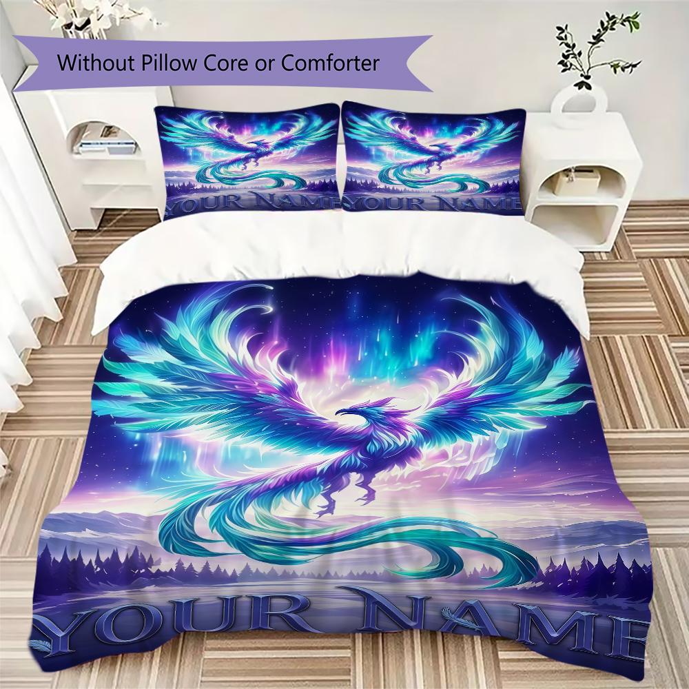 Custom Name Phoenix Artwork Bedding,Quilt Set Quilt Cover Pillowcase Home Birthday Gift(1 * Duvet Cover + 2 * Pillowcase, Without Core)_lx