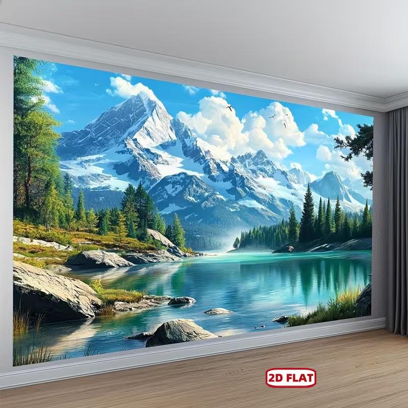

2D Forest Lake Tapestry, Snowy Mountain & Green Pine for Home Decor 47.2x31.5inch/120*80cm