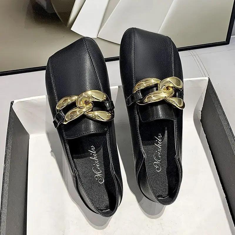 

Модная женская обувь с квадратным носком, в британском стиле, с цепочкой, для официальных мероприятий, на каблуке, для молодых, со скидкой, шикарная и элегантная, стильная, 39 размер, женские туфли на плоской подошве 39