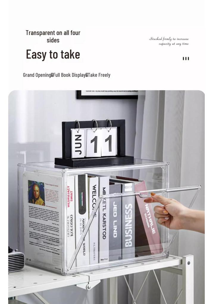 Acrylic Transparent Bookshelf: Dustproof, Large-Capacity Magazine & CD Display Box.