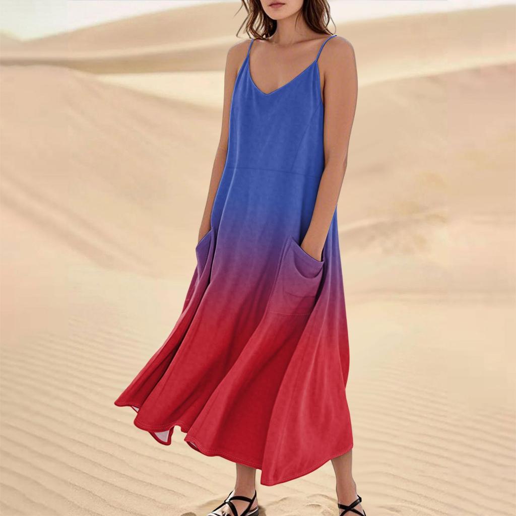 Women's Casual V Neck Gradient Print Sleeveless Pocket Suspender Dress