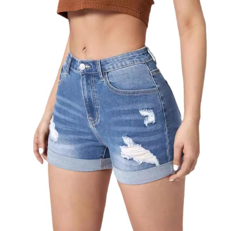 High Elasticity High Waist Ripped Denim Shorts with Rolled Hem - Women's Trendy Hot Pants