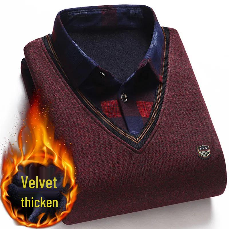 Men's Fleece-Lined Two-Piece Shirt Collar Sweater for Middle-Aged & Elderly
