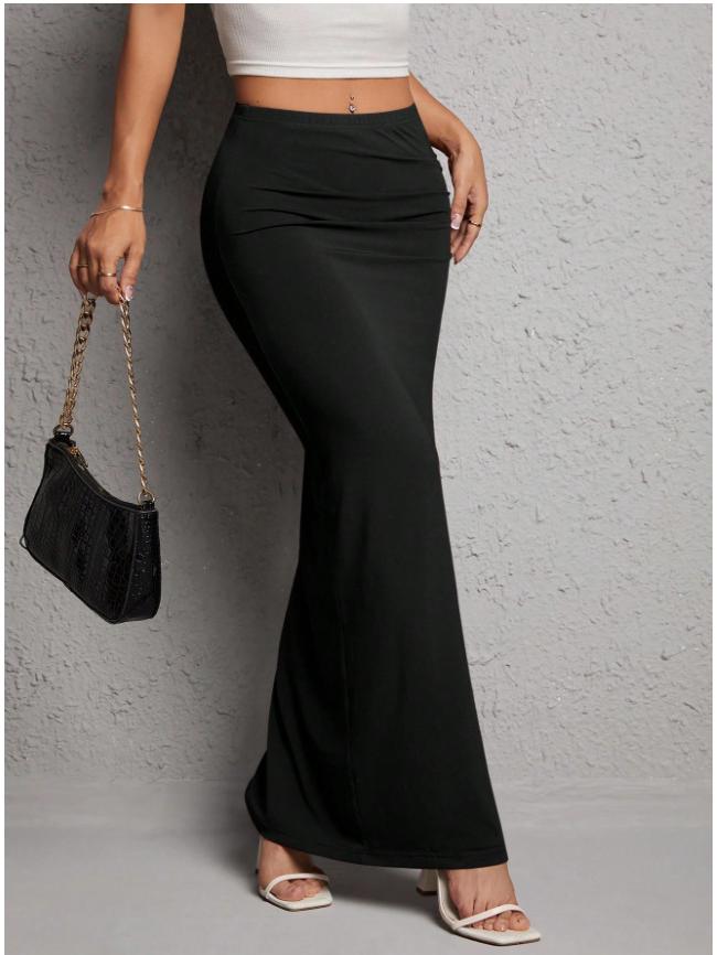 Spring/Summer High Waist Pleated Slit Midi Skirt - Women's Elegant Solid Color