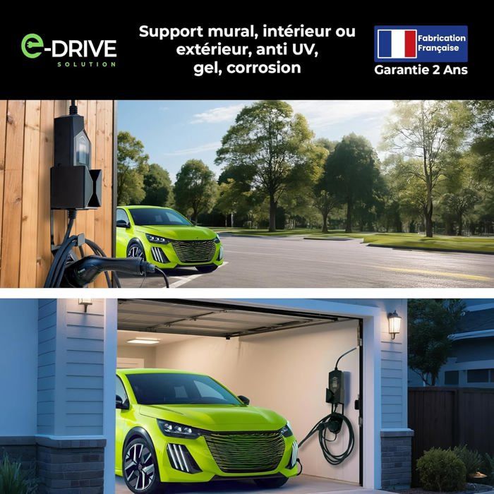 Support Câble Voiture Électrique E-Drive - Acier Thermolaqué Anti-UV, Sécurisé, Fabriqué en France, Type 2, 13x9cm