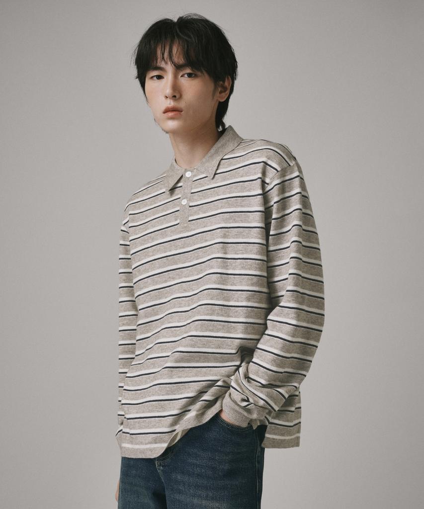 Beodeonteu Hairy Stripe Collar Knit [Light Brown]