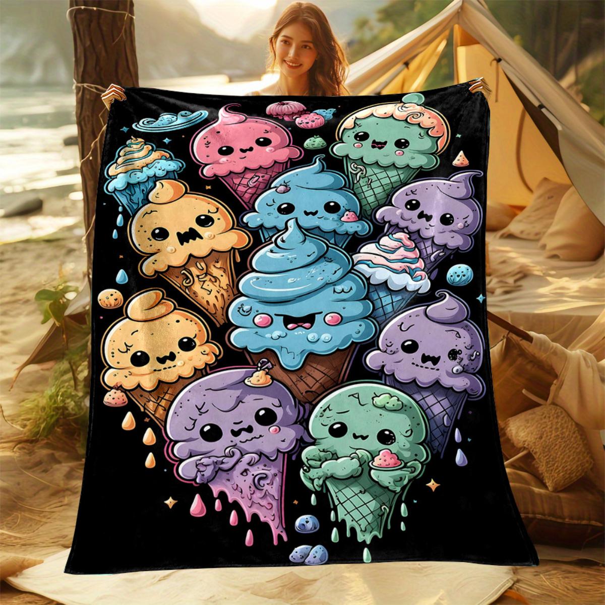 

Cartoon ice cream print flannel blanket suitable for sofas beds offices travel camping Christmas gifts and presents for 75x100cm