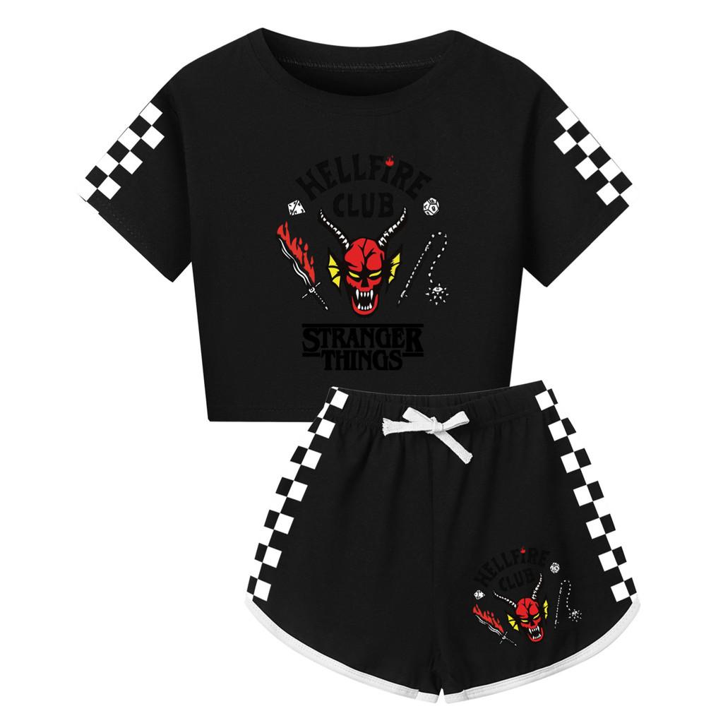 5253 Kinder Jungen Mädchen Stranger Print Kurzarm T-Shirt Hose Schlafanzug Schlafkleidung Set