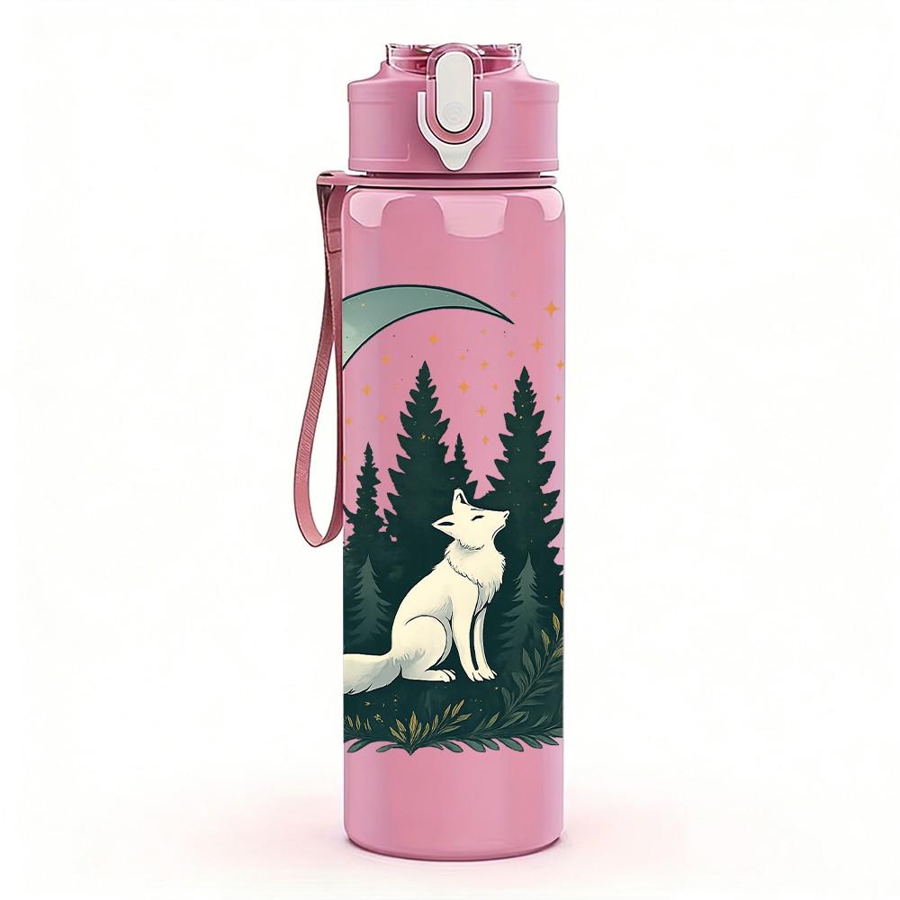 1PC Moon Forest Wolf Silhouette 750ml Color Plastic Sports Water Bottle Leakproof Flip Straw Lid Suitable for Sports Office Home Use