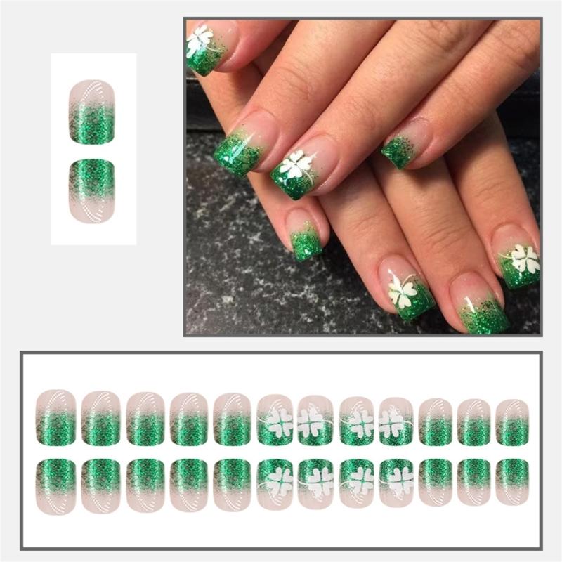 Patrick's Day Press on Nail Short Square False Nail Glossy Stick on Nail Green French Tips Manicure Nail Decors