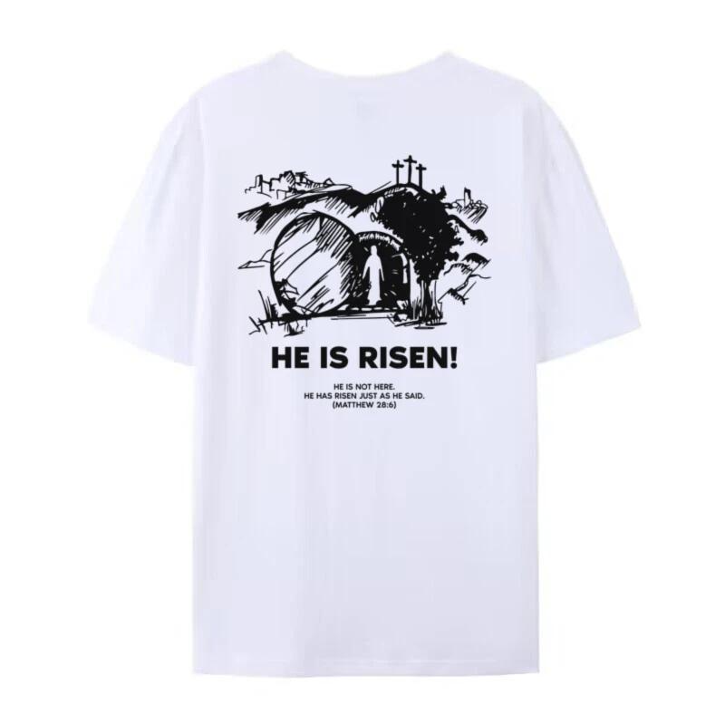 

He Is Risen Back Print Womens Christian TShirts Vintage Bible Verse TShirts Unisex Easter Tees Jesus Religious Tops M