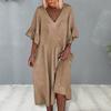 Summer Women Dress V Neck Ruffle Patchwork Cuffs Loose Solid Color A-line Big Swing Half Horn Sleeves Casual Pullover Daily Wear Midi Dress