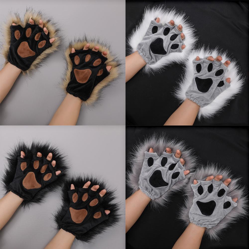 15 Colors Plush Gloves Cute Imitation Claw Cosplay Props Cat Paw Animal Tiger Cow Half Finger Gloves Anime Furry Paw Gloves