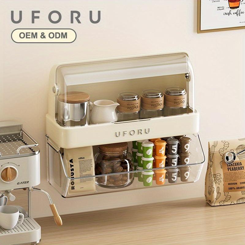 Wall-Mounted Tea Bag Shelf , Multi-Function Dustproof Cup , Capsule Organizer with Flip,Top Lid, Contemporary White Plastic Storage Rack for Office
