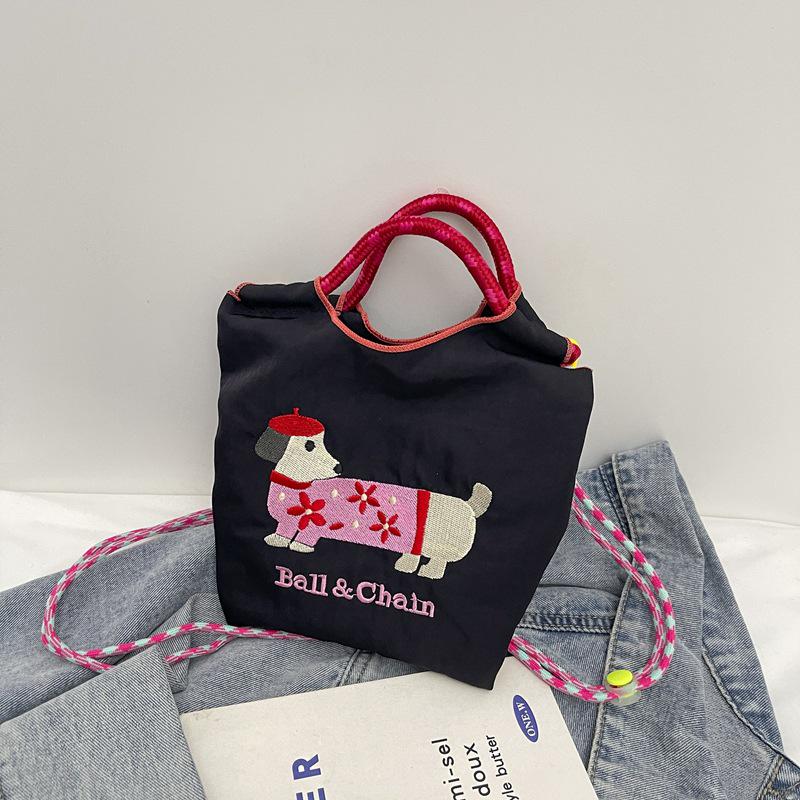 Korean Embroidered Dachshund Cartoon Women's Fashion Handbag - Versatile Color Block Shoulder and Crossbody Bag